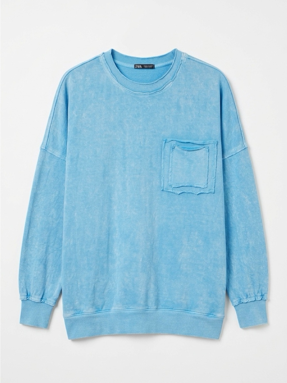 Zenana L Blue Mineral Wash Oversized Distressed Pocket Sweatshirt